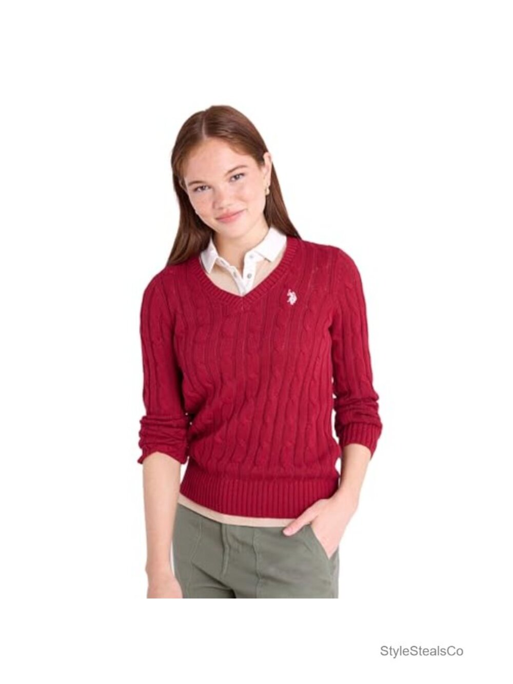 Cable Knit Sweater Pullover V-Neck Long Sleeve Ribbed Trims Cozy Fall Winter